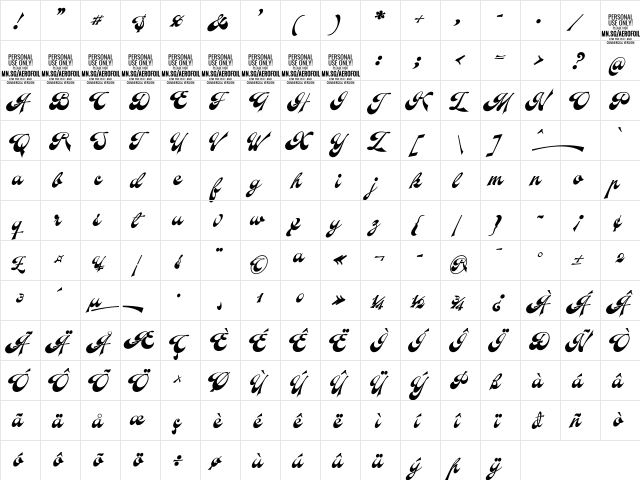 Aerofoil PERSONAL USE ONLY Regular font glyph preview Aerofoil PERSONAL USE ONLY Regular font glyphpreview