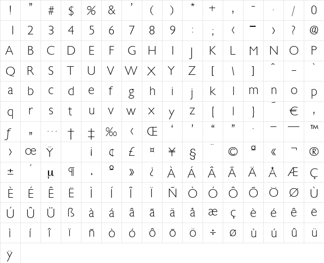 Chantilly-Xlight Regular font glyph preview Chantilly-Xlight Regular font glyphpreview