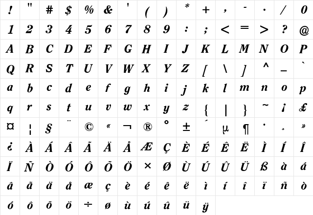 Clearface ITC BQ Italic font glyph preview Clearface ITC BQ Italic font glyphpreview