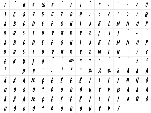Carnival Corpse Rotalic Italic font glyph preview Carnival Corpse Rotalic Italic font glyphpreview