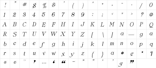ClassicaItalic Regular font glyph preview ClassicaItalic Regular font glyphpreview