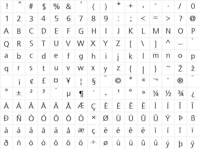 Frutiger LT 45 Light Regular font glyph preview Frutiger LT 45 Light Regular font glyphpreview