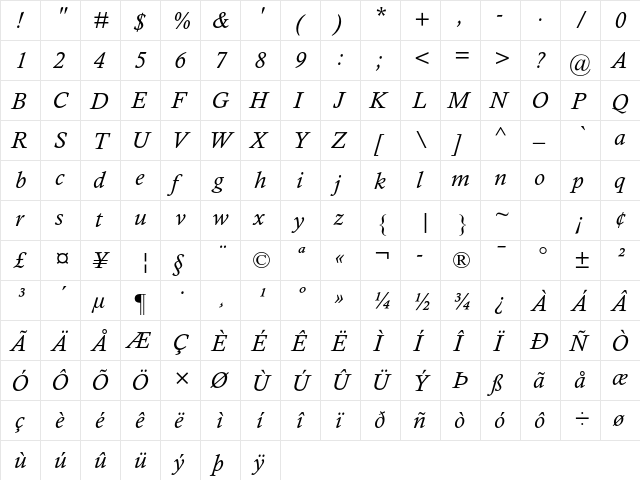 Calisto MT Std Italic font glyph preview Calisto MT Std Italic font glyphpreview