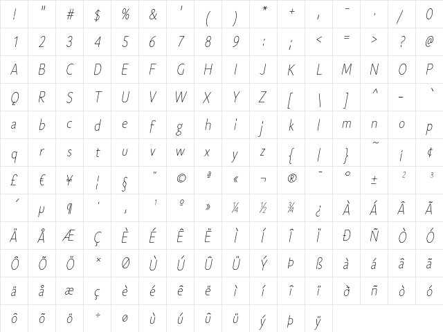 Cen Pro Light Italic font glyph preview Cen Pro Light Italic font glyphpreview