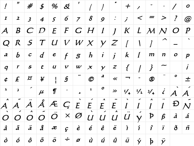 Calli 109 BoldItalic font glyph preview Calli 109 BoldItalic font glyphpreview