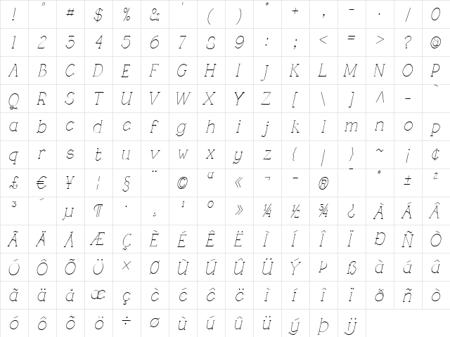 Rough LT Light Italic font glyph preview Rough LT Light Italic font glyphpreview