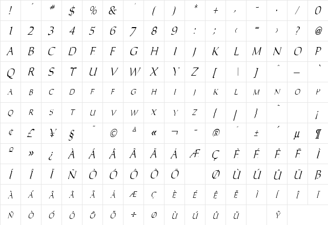 California 3 Italic font glyph preview California 3 Italic font glyphpreview