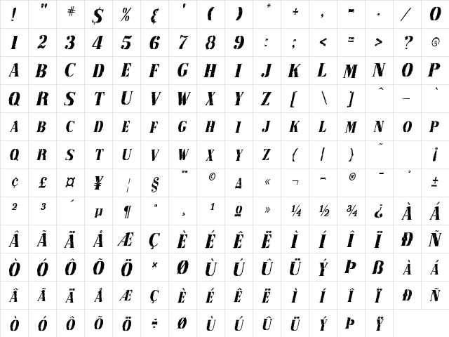 RubberStamp-Condensed Italic font glyph preview RubberStamp-Condensed Italic font glyphpreview