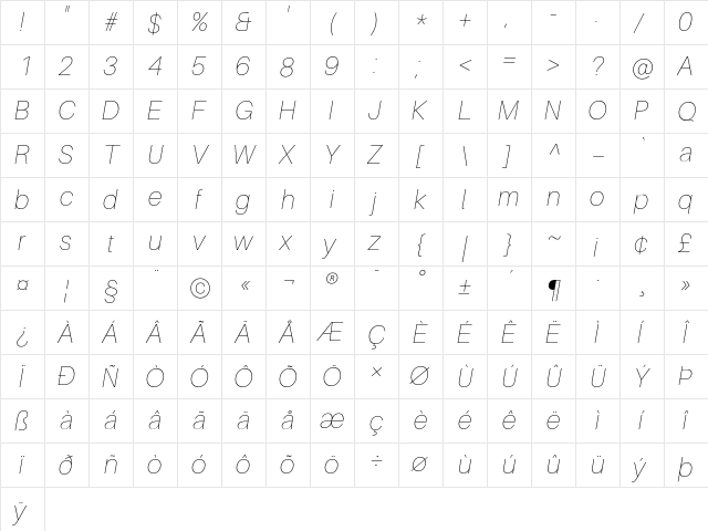 Aileron UltraLight Italic font glyph preview Aileron UltraLight Italic font glyphpreview