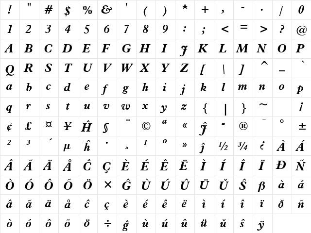 Aldine721 BT Eo Bold Italic font glyph preview Aldine721 BT Eo Bold Italic font glyphpreview