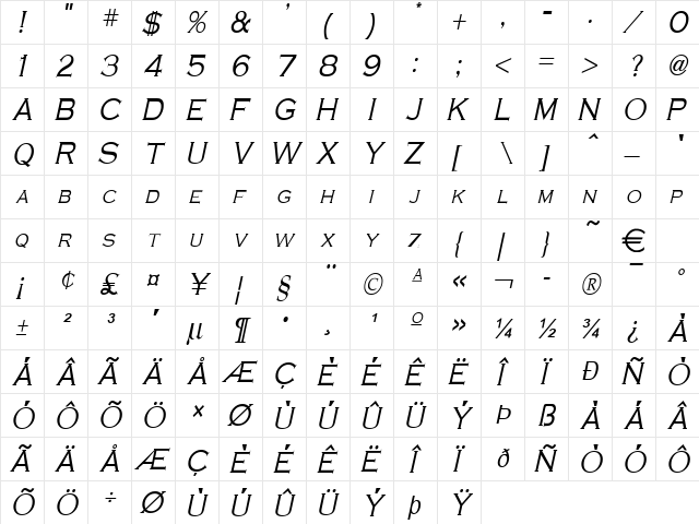 CobaltCondensed Italic font glyph preview CobaltCondensed Italic font glyphpreview
