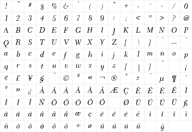 Camelia Italic font glyph preview Camelia Italic font glyphpreview