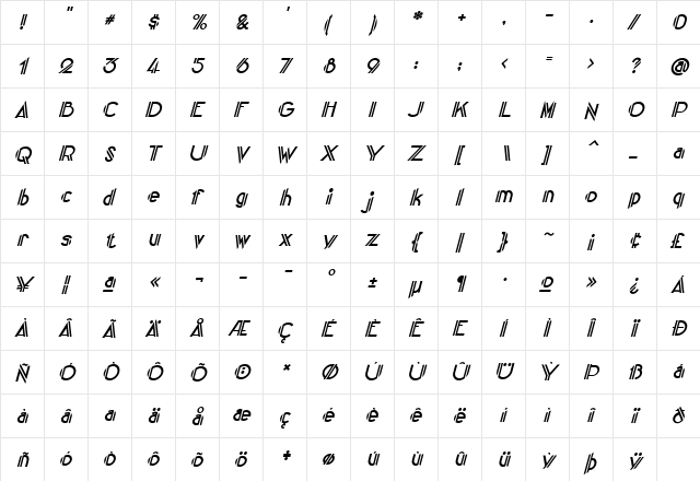 CentreClawsSlant Regular font glyph preview CentreClawsSlant Regular font glyphpreview