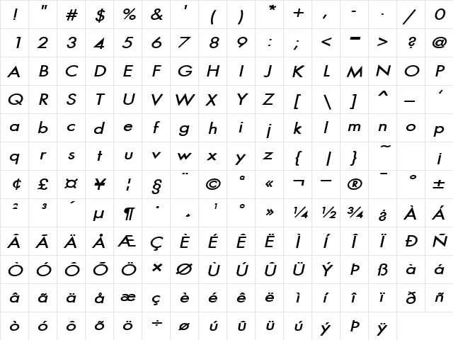 Beau-Extended Bold Italic font glyph preview Beau-Extended Bold Italic font glyphpreview