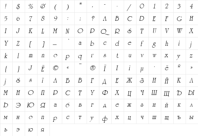 AGUniversityCyr-Oblique Medium font glyphpreview
