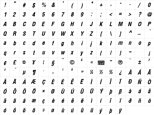 ArenaCondensed Bold Italic font glyphpreview