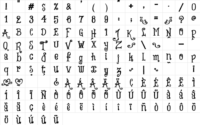 Tricky Hearts Regular font glyphpreview