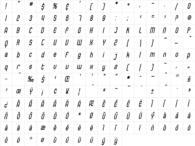 SF Eccentric Opus Condensed Oblique font glyphpreview