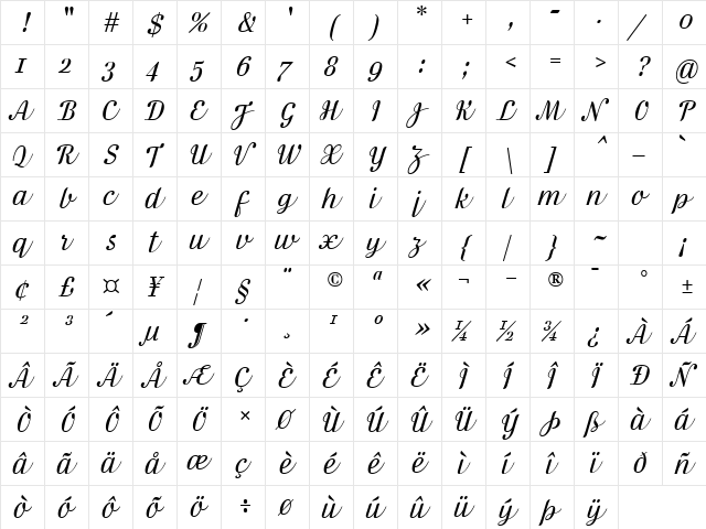 Danubia Script Regular font glyphpreview