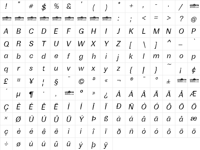 Boring Sans B Trial Italic font glyphpreview