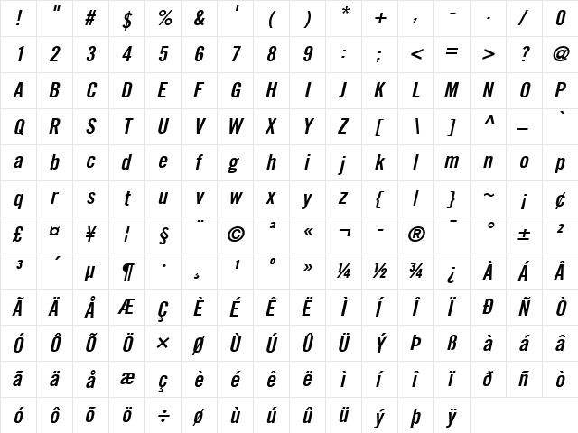 TradeGothic LT CondEighteen Bold Italic font glyphpreview