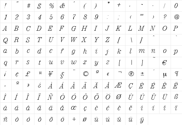Valencia-XlightIta Regular font glyphpreview