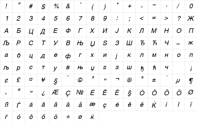 HelvCiril Italic font glyphpreview