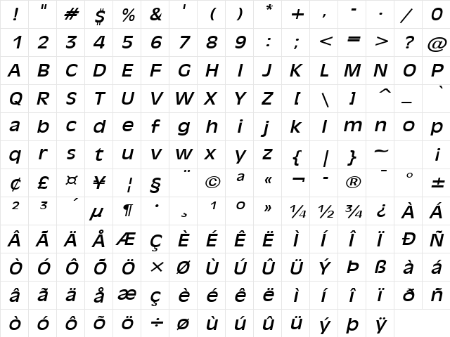 Antiqua 101 Wide Italic font glyphpreview