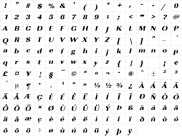URWImperialTUltBolExtWid Oblique font glyphpreview