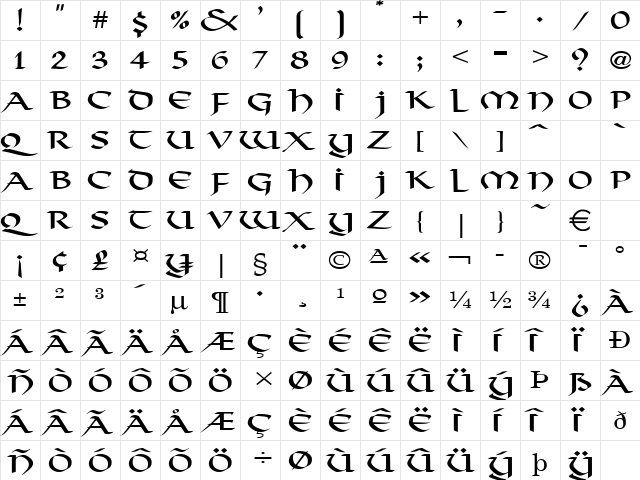 ValhallaWide Normal font glyphpreview