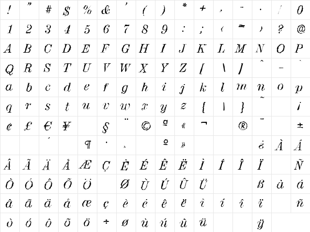ValenciaRandom Italic font glyphpreview