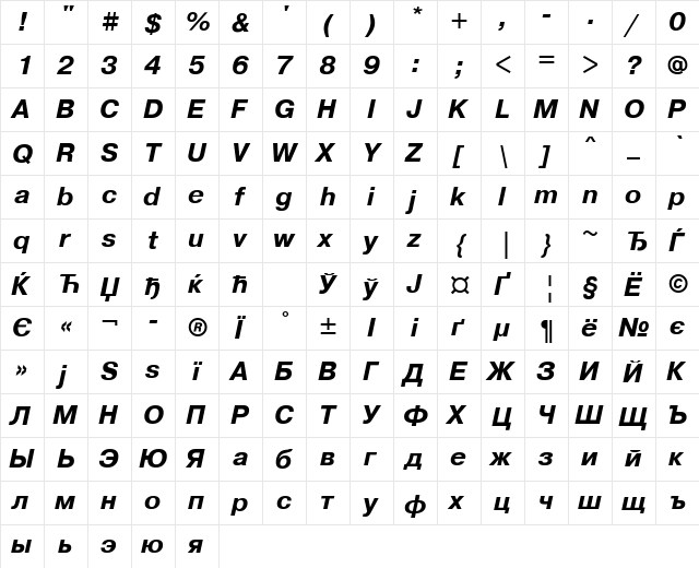 PragmaticaWINCTT BoldItalic font glyphpreview