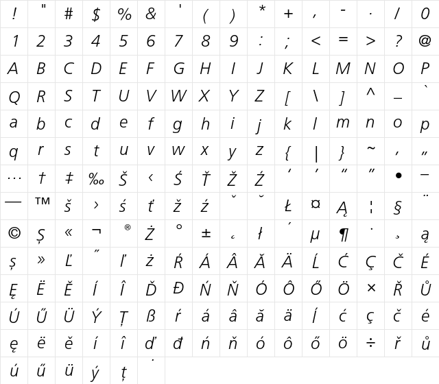 Frutiger 46 CE Light Italic font glyphpreview