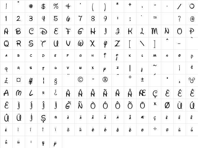 TrSah Walt Disney Script Regular font glyphpreview