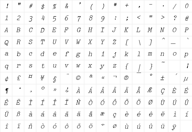 Pica Italic font glyphpreview