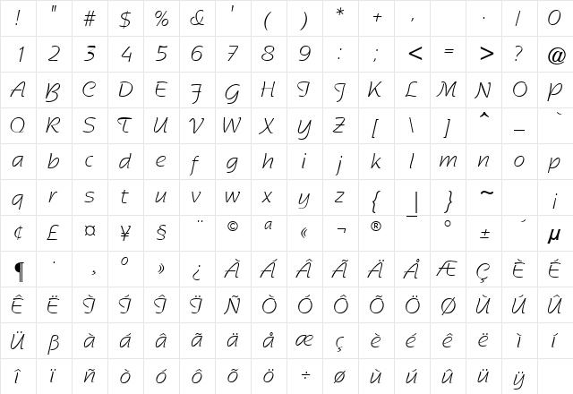 SentimentalScriptLightSSK Regular font glyphpreview