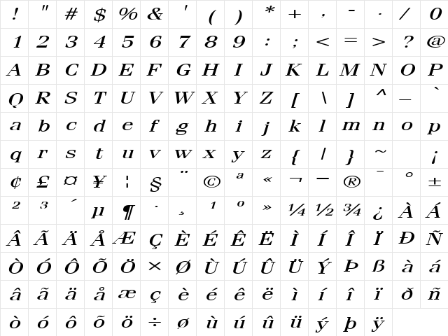 FeliciaExtended Italic font glyphpreview