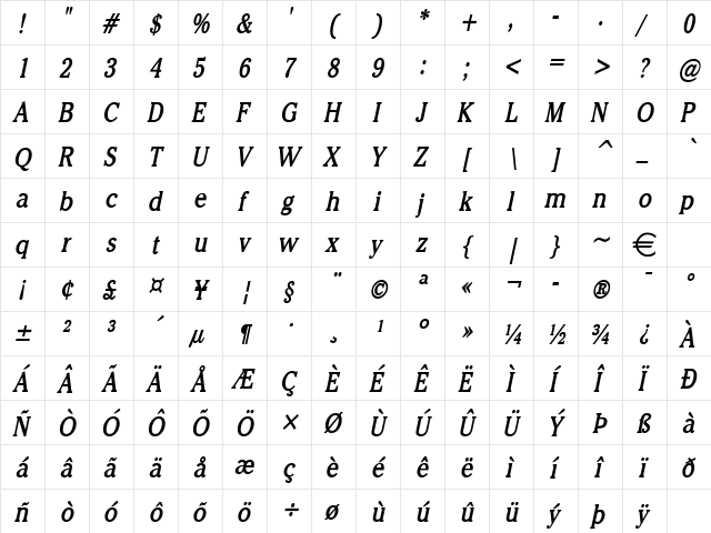 ChelseyCondensed BoldItalic font glyphpreview