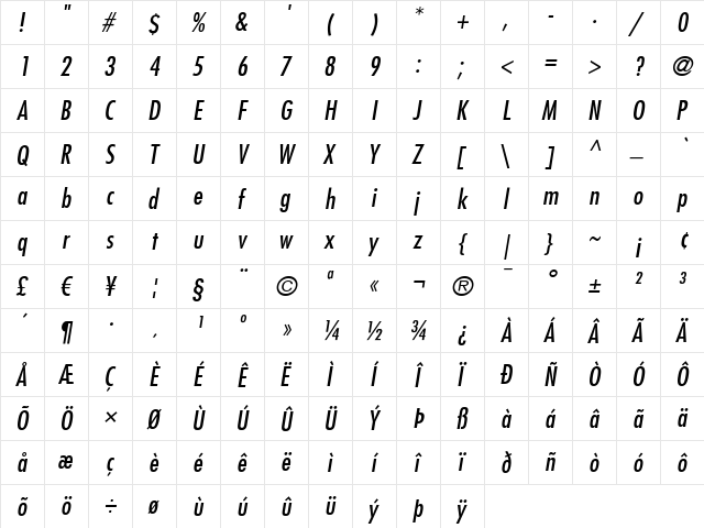 Futura LT CondensedOblique font glyphpreview
