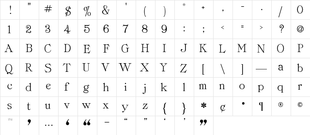 ClassicaRoman Regular font glyphpreview