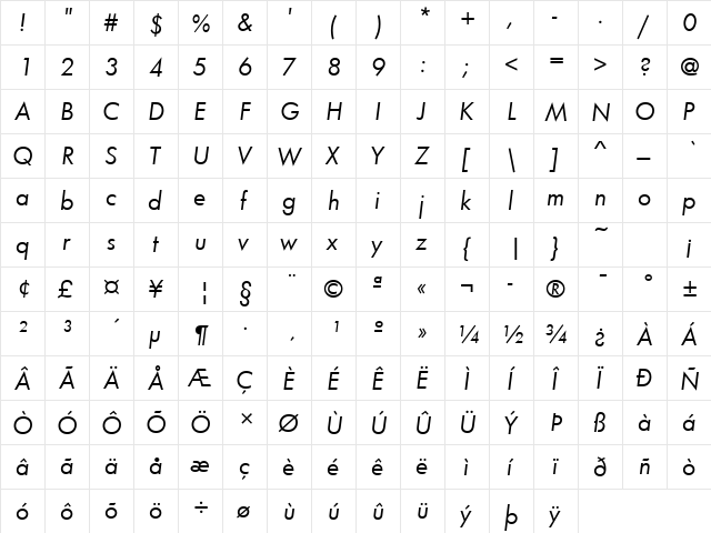 FuturaT Italic font glyphpreview
