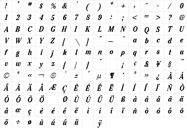 Cheltenham Condensed Bold Italic font glyphpreview