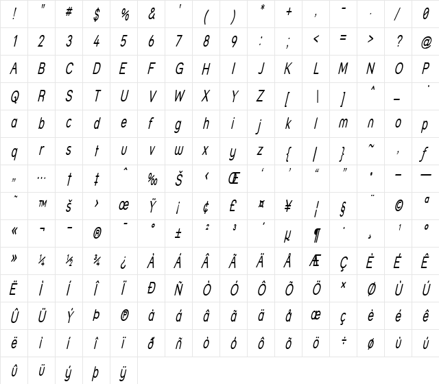 Street - Thin Italic font glyphpreview