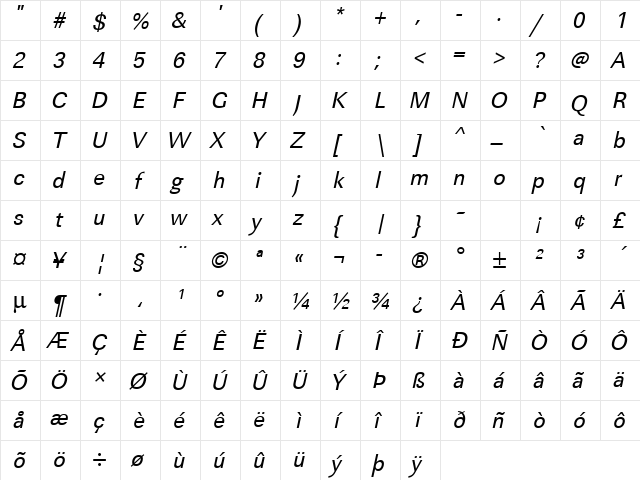 URWLinearTNar Oblique font glyphpreview