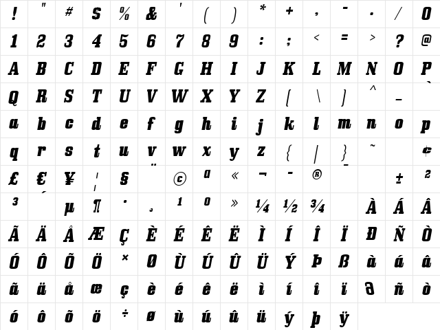 Bullpen Italic font glyphpreview