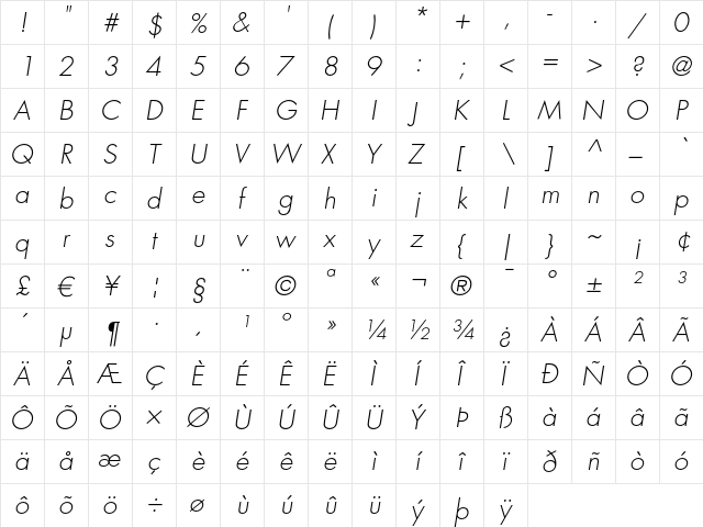 Futura LT Light Oblique font glyphpreview