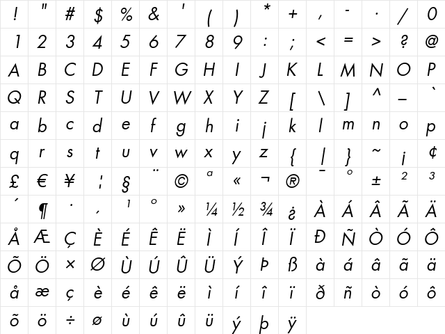 Futura LT BookOblique font glyphpreview