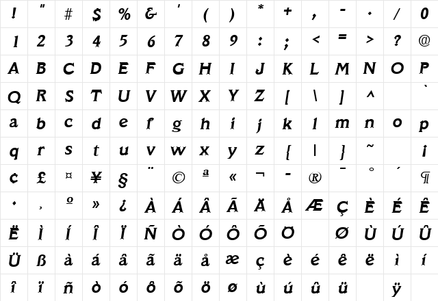 Veracruz Bold Italic font glyphpreview