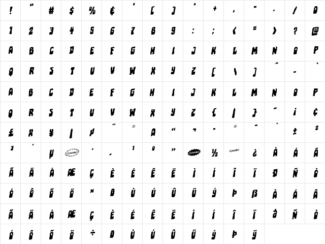 Pocket Monster Staggered Rotalic Italic font glyphpreview