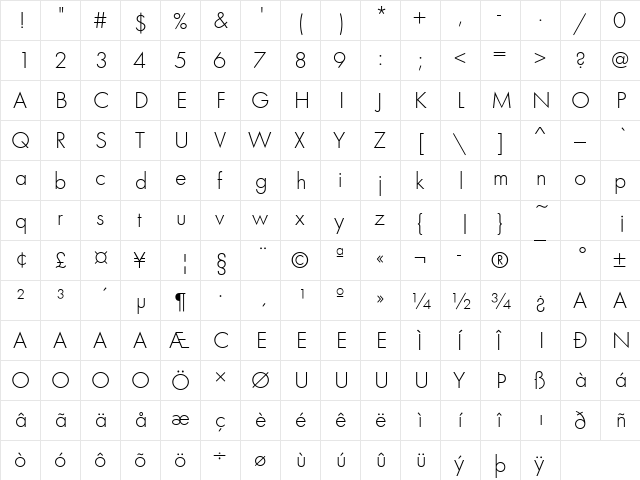 Futura T Light Regular font glyphpreview